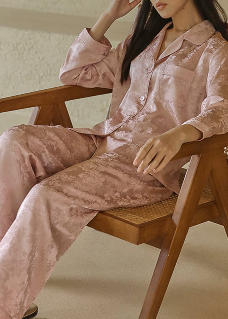 Muraki 100% 19 Momme Pure Mulberry Silk Floral Jacquard Pajama Set, Pale Lime/ Sunrise Yellow/ Pearl Pink Long Sleeves Pants Silk Pajama image 9