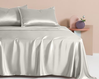 Muraki 100% 22 Momme Pure Mulberry Silk Bed Sheet- Flat Sheet & Fitted Sheet- Luxurious Silk Bedding- Sheet Sets- Fog Gray