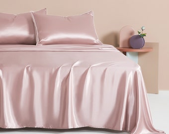 Muraki 100% 22 Momme Pure Mulberry Silk Bed Sheet- Flat Sheet & Fitted Sheet- Luxurious Silk Bedding- Sheet Set- Pearl Pink