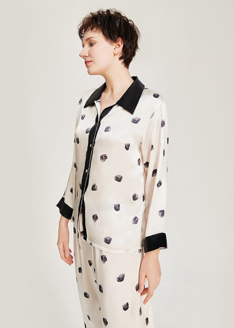 Muraki 100% Pure Mulberry Silk Long Sleeve Pajama Set Polka Dot Print Long Sleeves Pants Silk Pajama image 4