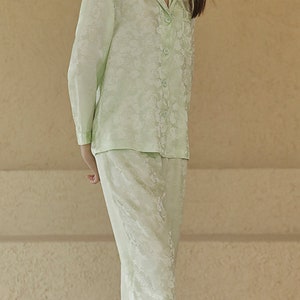 Muraki 100% 19 Momme Pure Mulberry Silk Floral Jacquard Pajama Set, Pale Lime/ Sunrise Yellow/ Pearl Pink Long Sleeves Pants Silk Pajama image 4