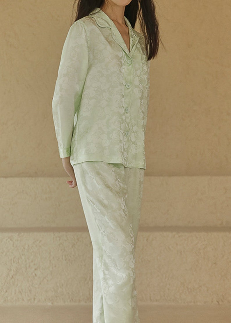 Muraki 100% 19 Momme Pure Mulberry Silk Floral Jacquard Pajama Set, Pale Lime/ Sunrise Yellow/ Pearl Pink Long Sleeves Pants Silk Pajama image 4
