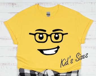 Kids Building Block Head T-Shirt Glasses with Grin for Building Block Party