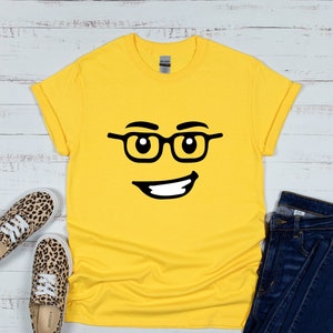 Building Block Head Glasses with Grin Face T-Shirt for Building Block Party