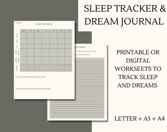 May include: Printable or digital sleep tracker and dream journal worksheets. The worksheets are designed to track sleep quality, caffeine intake, and dreams. The worksheets are available in letter, A5, and A4 sizes.