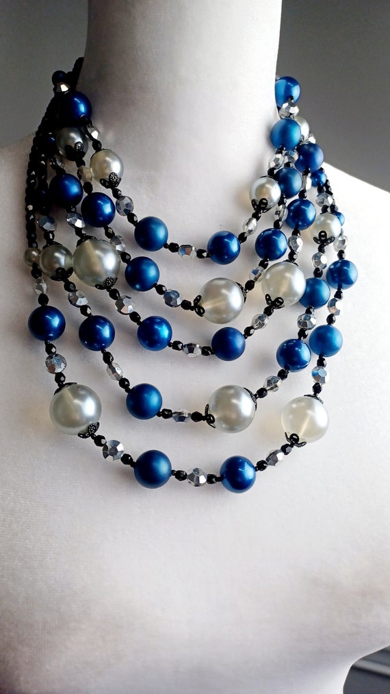 Vtg Vendome Signed 5 Strand Necklace Silver,blue,B