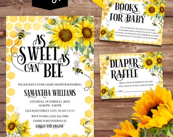 Editable Sunflower Bee Baby Shower Invitation Bundle Sunflower Gender Neutral Baby Shower Invite Printable Template Instant Download