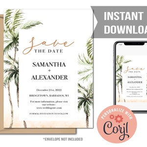 Tropical Palm Trees Save the Date, Tropical Themed Save The Date Invitation
