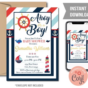 Nautical Baby Shower Invitation, Ahoy its a Boy Themed Invitation