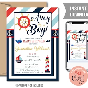 Nautical Baby Shower Invitation, Ahoy its a Boy Themed Invitation