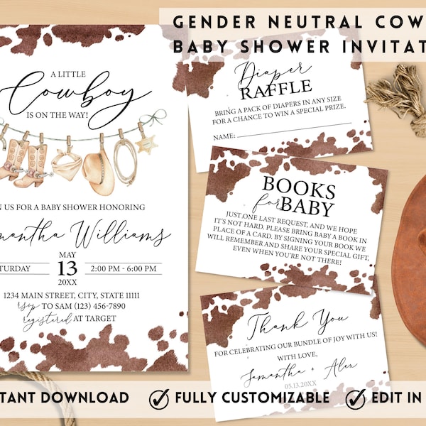 Gender Neutral Wild West Cowboy Baby Shower Invitation Bundle, Gender Neutral Theme Baby Shower, Cowboy Theme Baby Shower Invitation Bundle