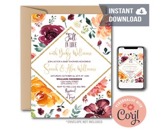 Fall in Love Floral Baby Shower Invitation, Fall Themed Baby Shower Invite