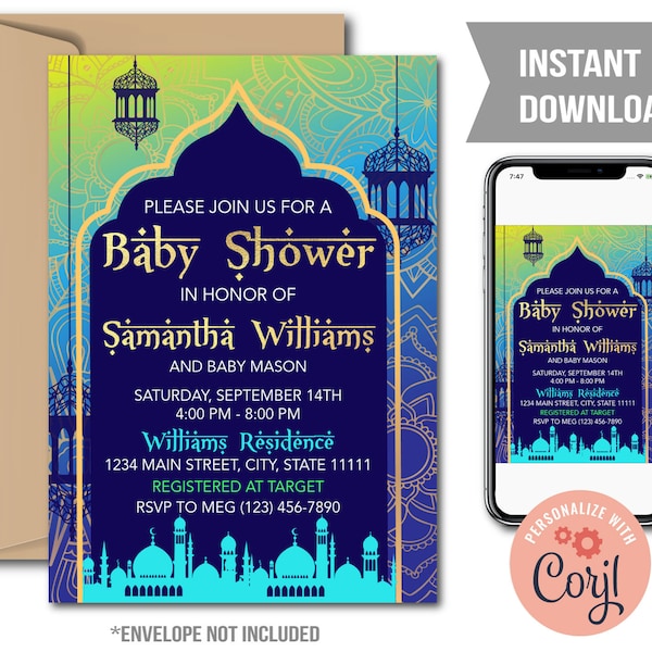 Arabian Nights Moroccan Themed Baby Shower Invitation, Moroccan Themed Baby Shower Invite