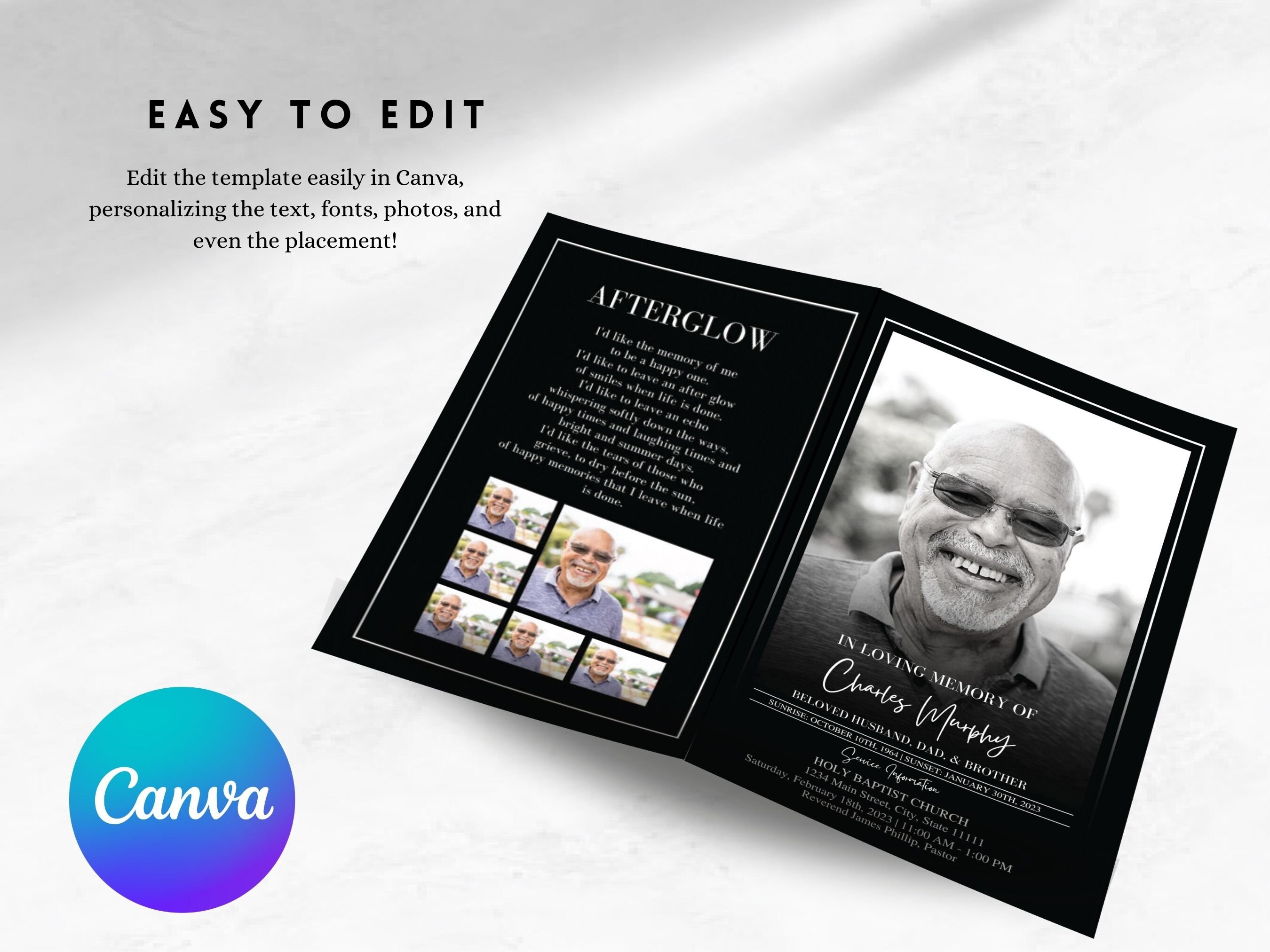 Funeral Obituary Template, Memorial Obituary, Folded Funeral Program