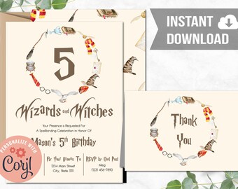 PRINTABLE Editable Wizard and Witch Birthday Invitation, Magical Birthday Invitation, Harry Birthday Invitation