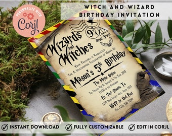 PRINTABLE Editable Wizard and Witch Birthday Invitation, Magical Birthday Invitation, Harry Birthday Invitation