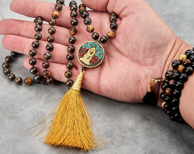 The Mala of Courtesy - 108 Gold Coral and Bronzite Mala