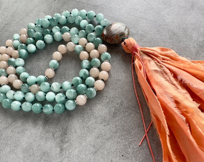 The Heart Healing Mala - Green Moonstone and Peach Chalcedony