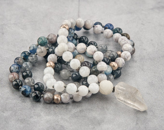 The Tranquility Mala - Kyanite, Mother of Pearl, Moonstone, Blue Rutilated Quartz