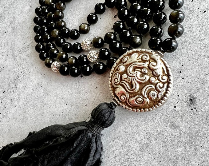 The Face Your Fears Mala - Golden Sheen Obsidian and Sterling Silver