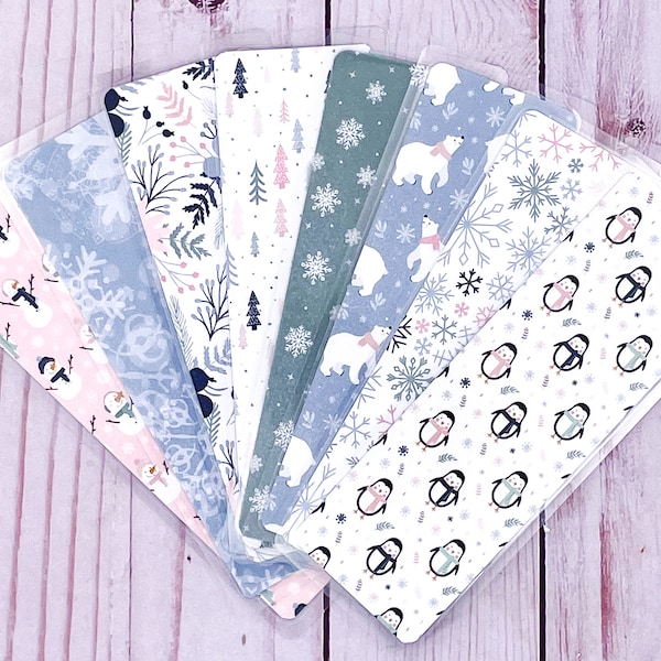 Winter Bookmark, Penguin, Polar Bear, Pink and Blue, Snowflakes, Gift for Readers, Christmas, Double Sided Laminated Bookmarks