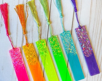 Glitter Neon Resin Handmade Bookmarks - Summer Bookmarks - Fun Bookmarks - Gift for Readers - Gift for Teens, Kids