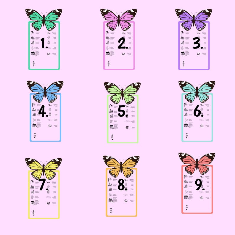 K&ouml;nnte beinhalten: Neun farbenfrohe Schmetterlingsdesigns, jedes auf einer rechteckigen Karte mit farbiger Umrandung. Jede Karte hat eine Nummer von 1 bis 9 und kleine Symbole. Die Schmetterlinge haben verschiedene Farben, darunter Gr&uuml;n, Rosa, Lila, Blau, Gelb und Orange.