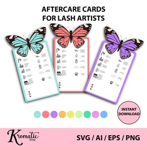 Peut inclure: Trois cartes de soins post-traitement pour les artistes de cils, chacune avec un papillon au sommet. Les cartes sont en turquoise, corail et violet, avec des icônes et du texte noirs. Les cartes ont le texte "AFTERCARE CARDS FOR LASH ARTISTS" et "INSTANT DOWNLOAD".