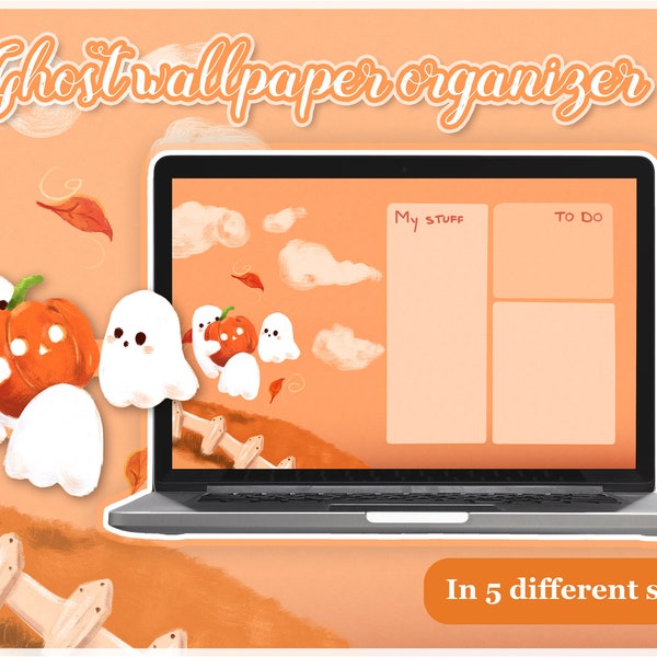 PC Desktop Organizer - autumn Theme Background Wallpaper - Ghost wallpaper autumn -  handmade illustration - halloween theme - Cozy Autumn