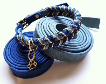 Verstellbares Schnallen Hundehalsband Modell Juno  aus Fettleder geflochten gold eisblau azureblau