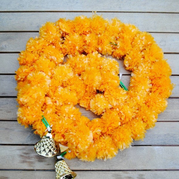 Artificial Marigold Garland/ Toran with bells- set of 2, for Decoration, Diwali, Wedding, Haldi ,Sangeet Decor, Mehendi, Puja, Indian decor