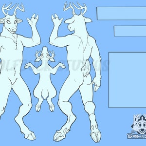 May include: Line art illustration of a deer character with antlers. The deer is shown in three poses: standing, walking, and a close-up of the head and neck. The illustration is in black and white on a light blue background.