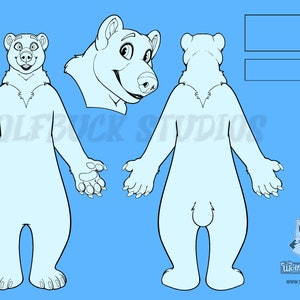 May include: Line art illustration of a polar bear character. The illustration shows the front and back views of the character. The character is standing on all fours and has a simple, cartoonish style.