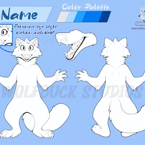 May include: A line art illustration of a wolf character with a feminine eye style option included. The illustration is in black and white and shows the wolf from the front and back. The wolf has a long tail and is standing on all fours. The text "Name" is at the top of the image.
