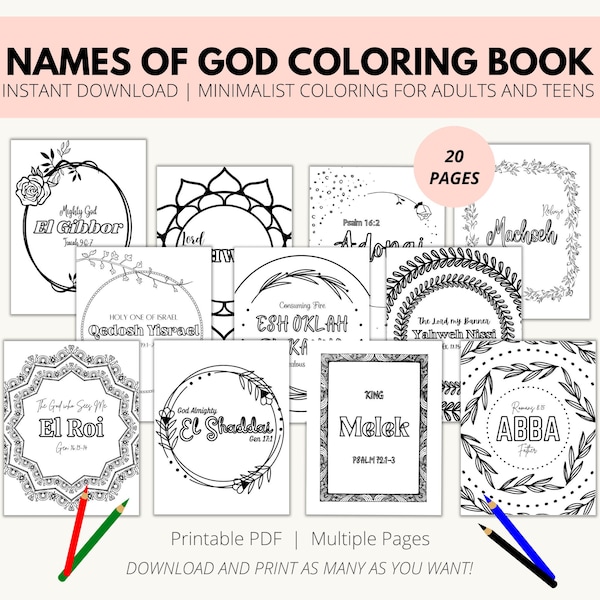 Names of God Minimalist Coloring Book for Adults, Printable Coloring Book, Scripture Coloring, Bible Study Resource