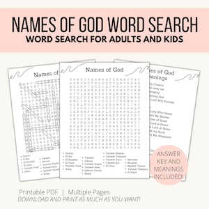 Names of God Word Search for Kids and Adults, Printable Word Search, Bible Word Game, Bible Study Resource