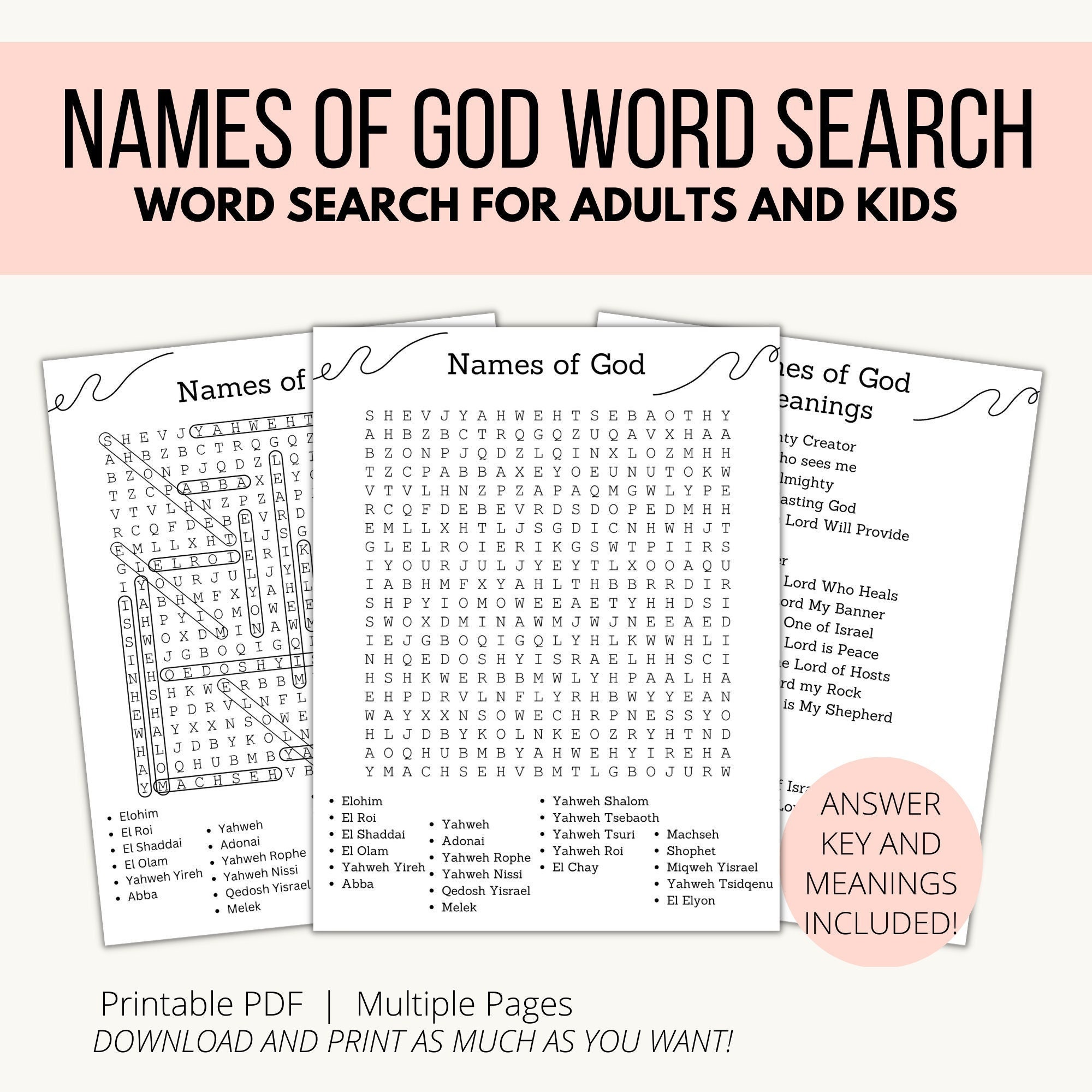 Names of God Word Search for Kids and Adults, Printable Word Search