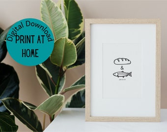 Loaves and Fishes Printable Wall Art, Printable Christian Home Decor for Kitchen and Dining Room, Bible Wall Art