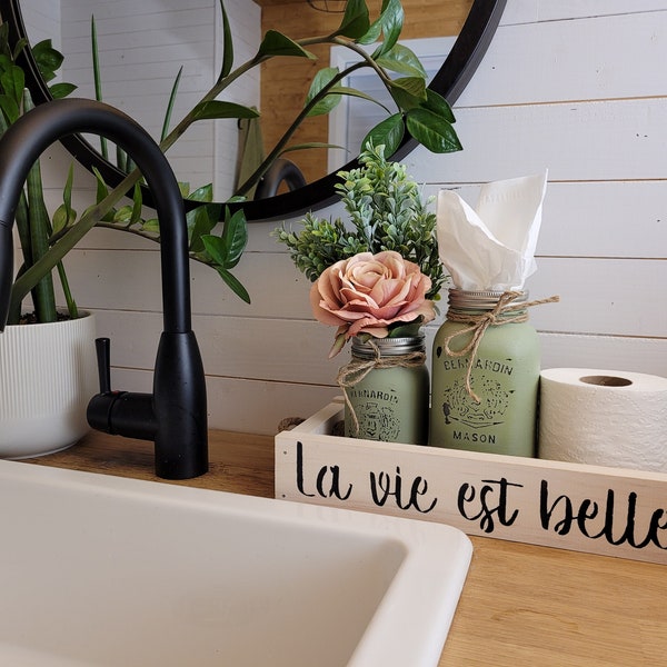 storage tray, bathroom organizer, la vie est belle basket, flowers, toilet decoration, tissue and kleenex storage