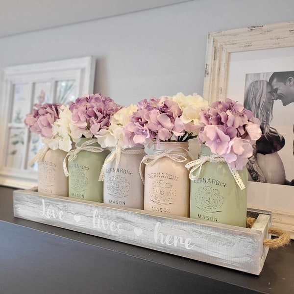 centerpiece, farmhouse decor, rustic, personalized wood tray, dining room decoration, mason jar flower arrangement, box