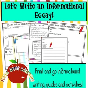 Puede incluir: Hoja de trabajo imprimible con una manzana roja y el texto "Let's Write an Informational Essay!"  La hoja de trabajo incluye una lista de verificación para escribir un ensayo informativo y un espacio para que los estudiantes escriban su ensayo.  La hoja de trabajo está diseñada para ayudar a los estudiantes a aprender a escribir un ensayo informativo.