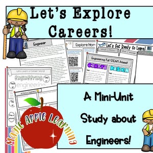 May include: Educational poster titled "Let's Explore Careers!" with the sub-title "Study about Engineers!" Features an apple graphic with the text "Magic Apple Learning." Includes illustrations of engineers and educational worksheets.