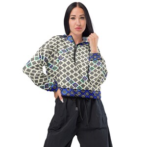 Women’s cropped windbreaker jacket in Blue & White Mendhi Pattern