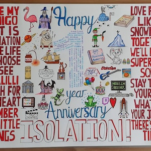 May include: A colorful and whimsical illustration with the words "Happy year Anniversary Isolation!" and other phrases like "You're my flamingo", "Love falls like a snowflake", and "Stay true to yourself". The illustration features a variety of drawings, including a flamingo, a wizard, a cat, a frog, a rocket ship, and a cupcake.