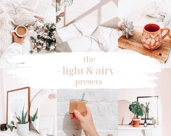 May include: A collage of images featuring a white knit sweater, a cup of coffee, a potted plant, a mug with a floral pattern, a glass of coffee, a potted plant, and a white brick wall. The text "the - light & airy - presets" is written in a white brushstroke font on a pink background.