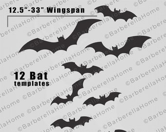 12 Bat-sjablonen wanneer gemaakt. Afdrukbare traceer en snij Halloween silhouet decorsjablonen / stencils. Pdf