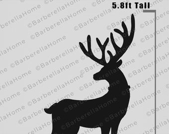 May include: Black silhouette of a deer with large antlers standing on a gray background. The deer is 5.8 feet tall.