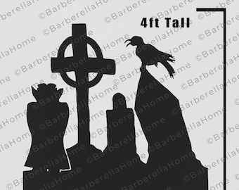 4ft Graveyard with Vampire Template when made. Printable trace and Cut Halloween Silhouette Decor Templates / Stencils. PDF