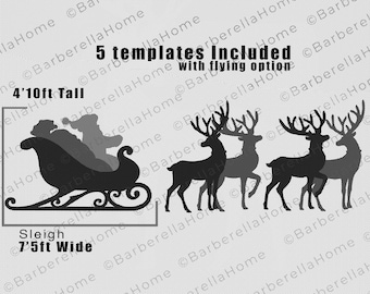 Modèle grandeur nature du traîneau du père Noël avec le père Noël et le renne une fois fabriqué. Trace imprimable et modèles / pochoirs de décoration de silhouette de Noël découpés. PDF