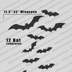 May include: Twelve bat templates for crafting. The bats are black and range in size from 12.5 inches to 33 inches in wingspan.